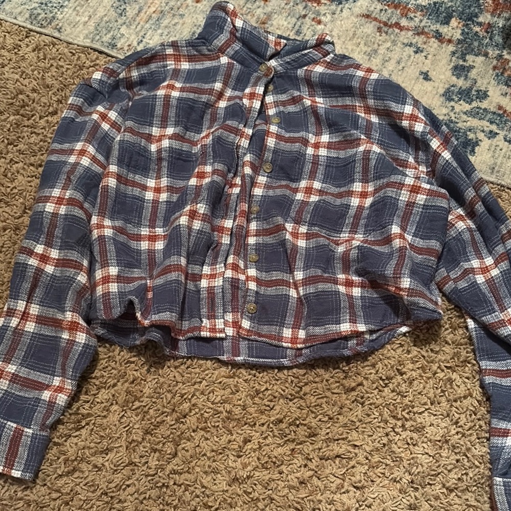 American Eagle Outfitters Blue and Red Plaid Cropped Shirt